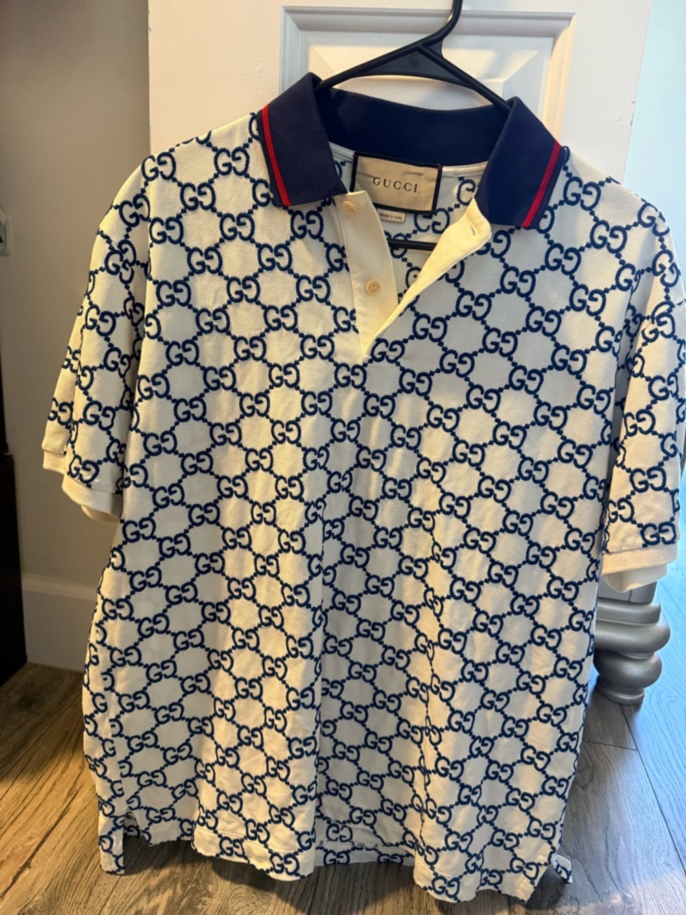 Gucci White Polo with Blue GG Monogram